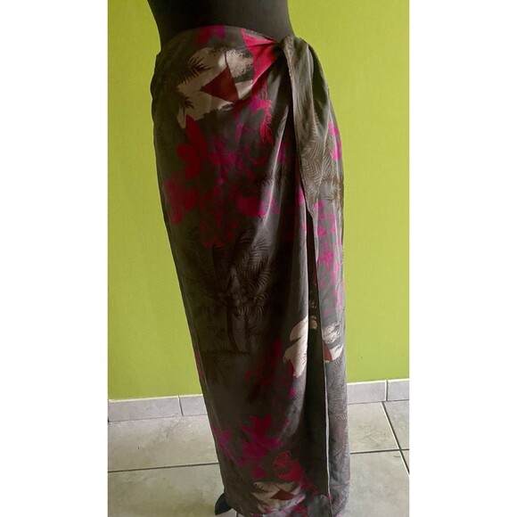 Vintage 70's Nora Noh Brown Tripical Print Silk Maxi Wrap Skirt Size 6 - Picture 1 of 3